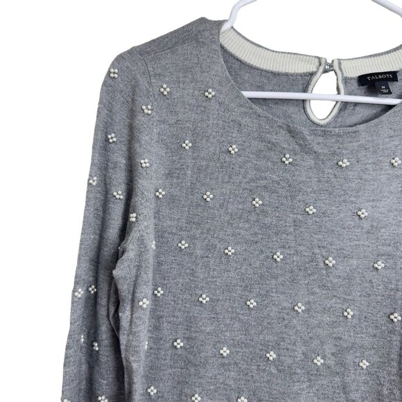 Talbots Women SZ M Gray Pearl Embroidery Sweater Top Blouse Thigh Knit Stretch - Picture 8 of 9